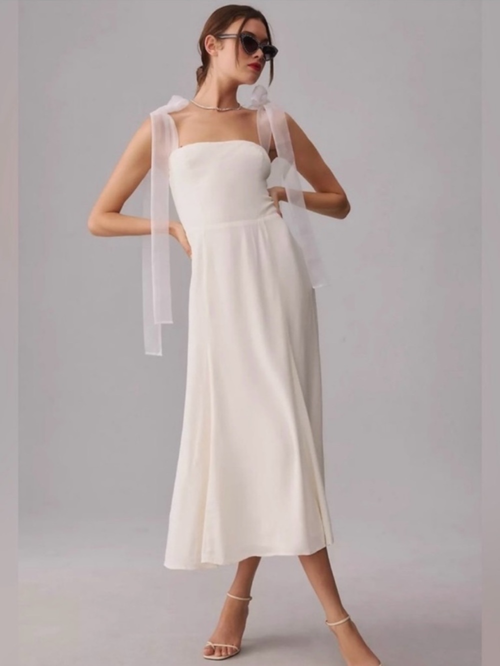 Reformation Ivory Midi Dress with Bow-Tie Straps